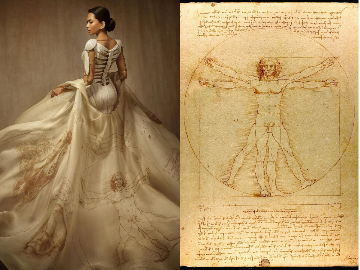 Mona Patel in Dolce & Gabba (Facebook) inspired by The Vitruvian Man (Leonardo da Vinci)