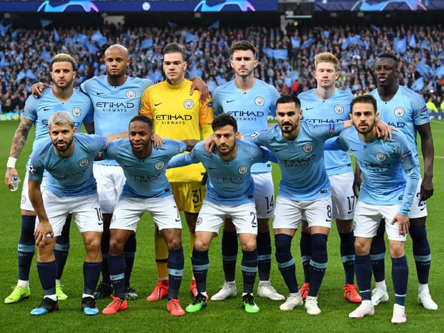 manchester city 039 s players pose before the champions league quarter final second leg match against tottenham hotspur at the etihad stadium in manchester on april 17 2019 photo afp