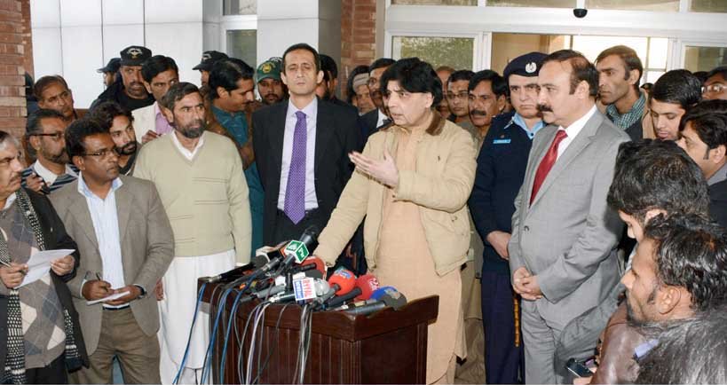 interior minister chaudhry nisar ali khan speaking to the media after inaugurating the first ever model computerised citizen facilitation centre in islamabad photo pid