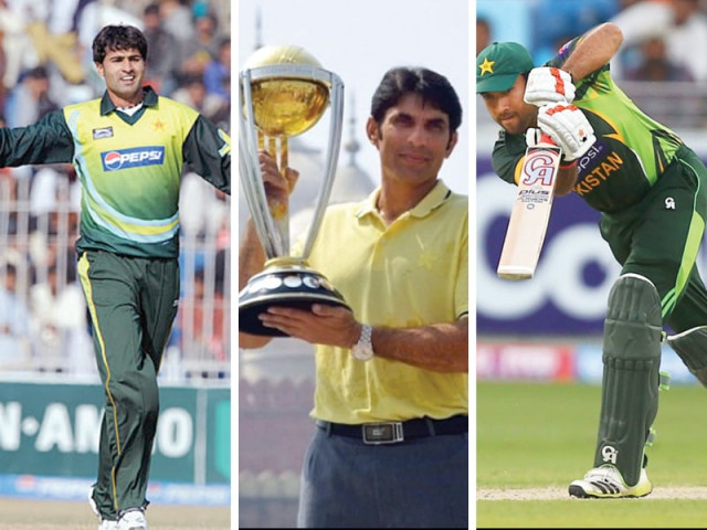 skipper misbahul haq middle will be hoping to win the world cup and may bank on the likes of relatively inexperienced players sohail khan left and sohaib maqsood right photo afp