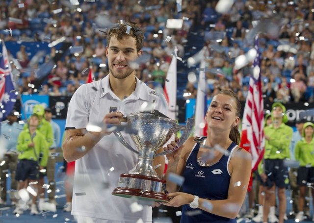 proud moment after radwanska and janowicz s mixed doubles victory poland became the 13th nation to win the mixed team event photo afp