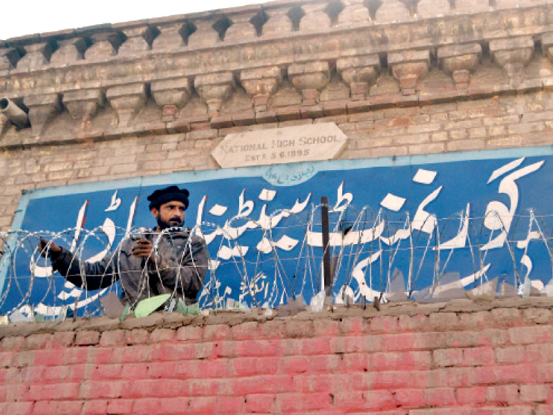 a worker installs barbed wire on the boundary wall of government centennial model high school photo inp