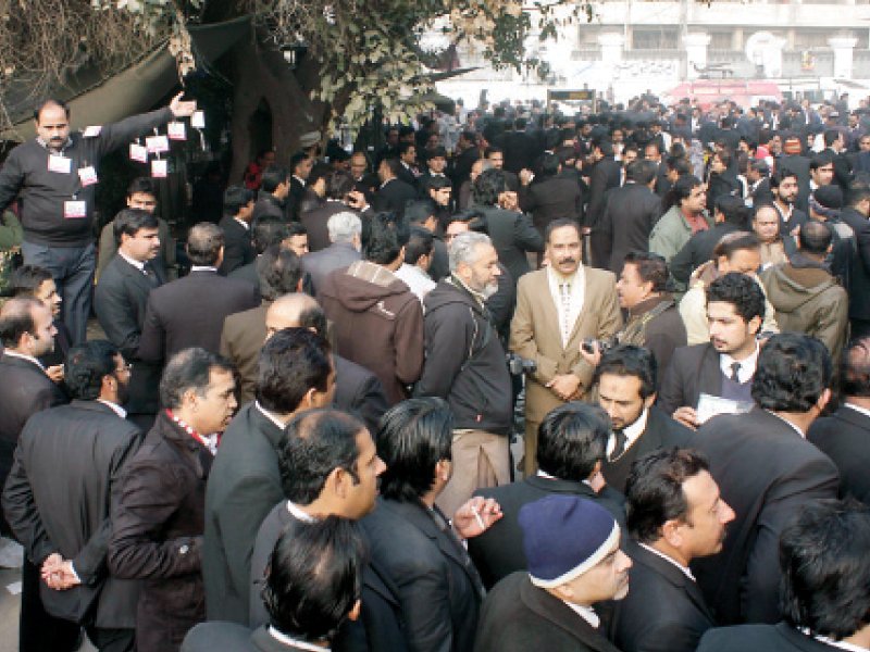 lawyers gather outside the sessions court on saturday to vote in the lba executive elections photo abid nawaz express