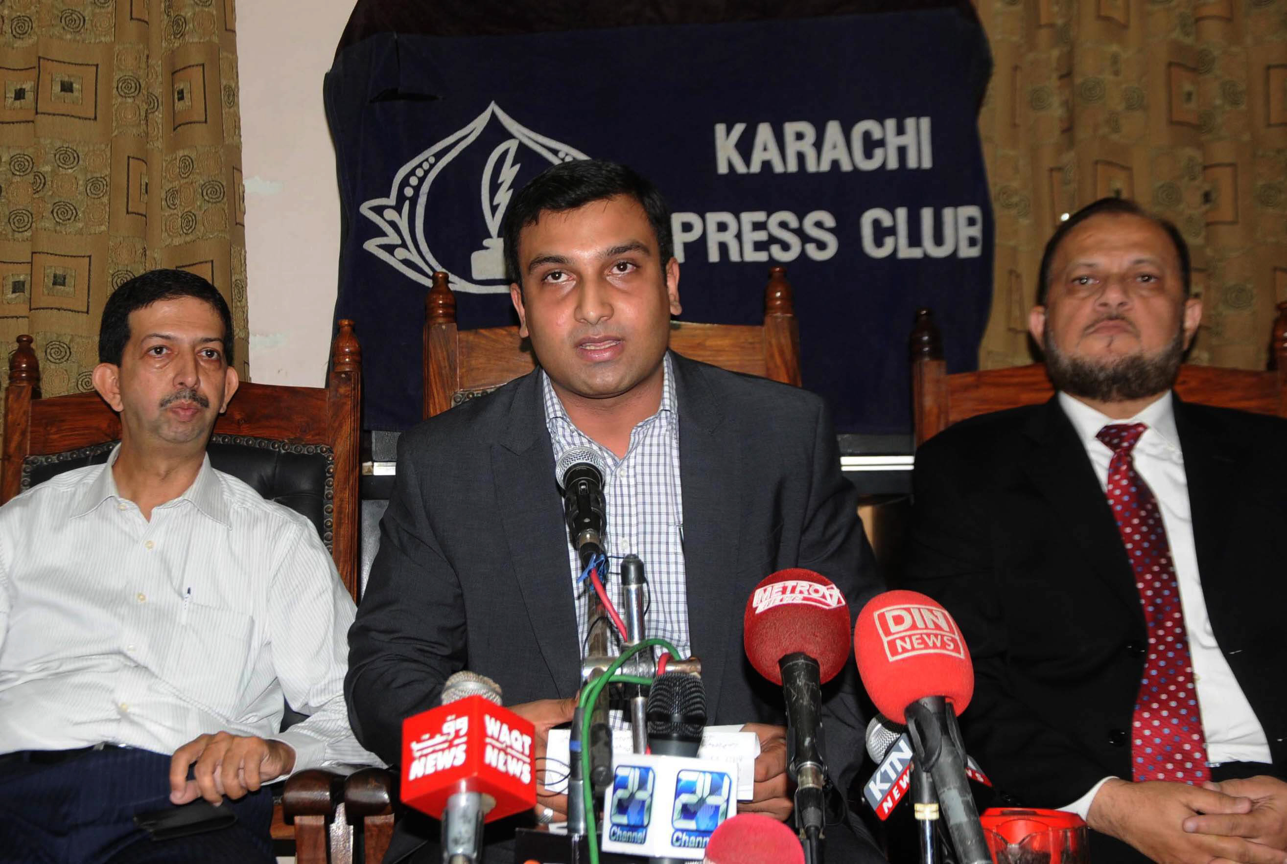 help international welfare trust hiwt spokesperson syed hasnain rizvi addresses a press conference at karachi press club on tuesday january 13 2014 photo express