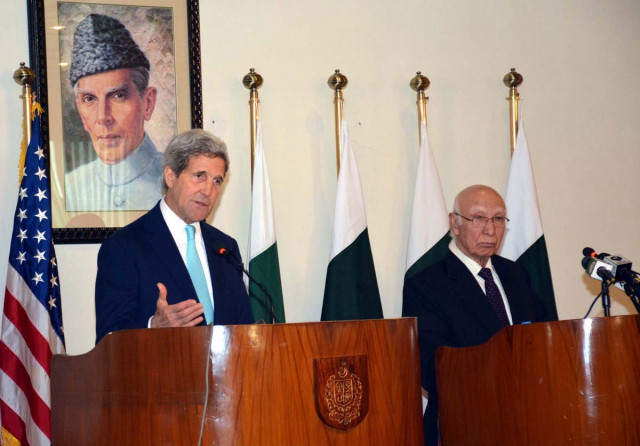 us secretary of state john kerry and advisor to the pm on national security and foreign affairs sartaj aziz addressing a joint press conference at foreign office in islamabad on tuesday photo pid us secretary of state john kerry and advisor to the pm on national security and foreign affairs sartaj aziz addressing a joint press conference at foreign office in islamabad on tuesday photo pid
