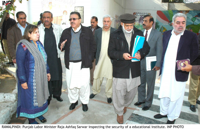 raja ashfaq sarwar said that most of institutes in rawalpindi cantonment area have been placed in a and a category sarwar has formed 30 monitoring teams which will visit about 500 schools and colleges in the district to check their security measures photo inp
