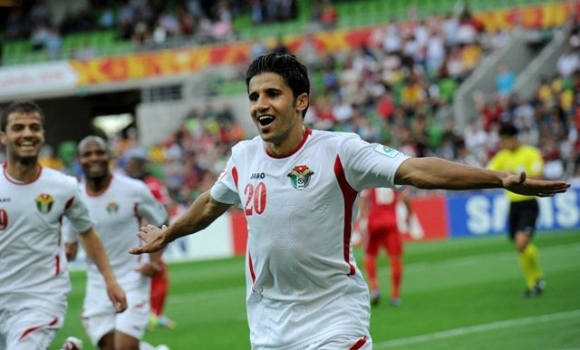 hamza aldaradreh of jordan celebrates his third goal during the group d asian cup football match between palestine and jordan in melbourne on january 16 2015 photo afp hamza aldaradreh of jordan celebrates his third goal during the group d asian cup football match between palestine and jordan in melbourne on january 16 2015 photo afp