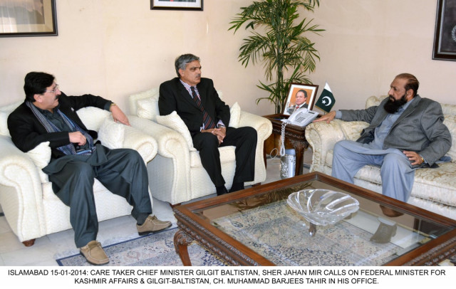 federal minister for kashmir affairs and gilgit baltistan birjees tahir l and the care taker chief minister of gilgit baltistan sher jahan mir photo pid federal minister for kashmir affairs and gilgit baltistan birjees tahir l and the care taker chief minister of gilgit baltistan sher jahan mir photo pid