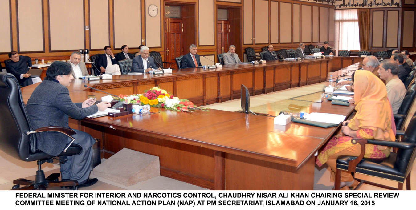 interior minister ch nisar ali khan chairing a meeting to review implementation of nap in islamabad photo pid