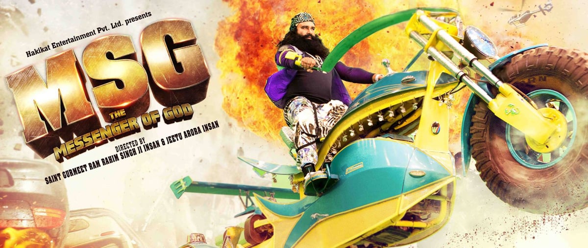 the movie s trailer shows ram rahim singh complete with flowing beard and hairy outstretched arms glaring at evildoers before scattering them with his fists photo msg movie facebook page