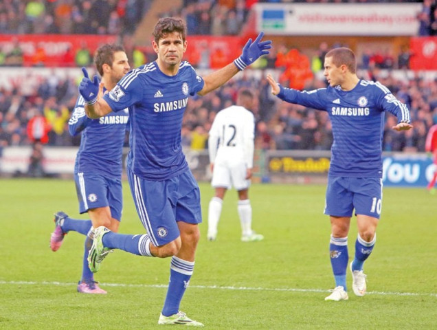 costa was instrumental in chelsea s 5 0 win over swansea striking the back of the net twice to bring his season s tally to 17 photo afp costa was instrumental in chelsea s 5 0 win over swansea striking the back of the net twice to bring his season s tally to 17 photo afp