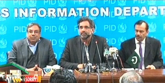 express news screen grab of shahid khaqan abbasi addressing the press in islamabad on monday january 19 2015 express news screen grab of shahid khaqan abbasi addressing the press in islamabad on monday january 19 2015