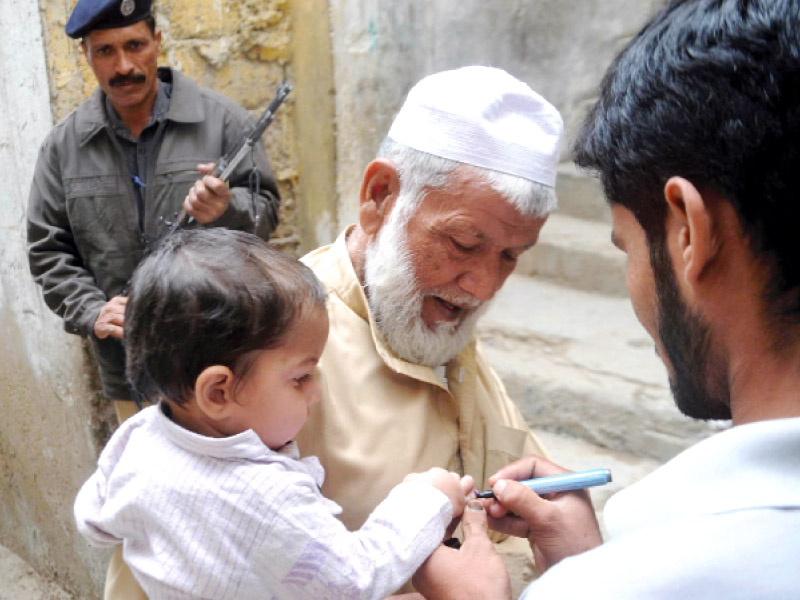 a polio workers marks the nail of a child after giving him his polio drops in chanesar halt during the three day polio campaign in three areas of the city photo rashid ajmeri express