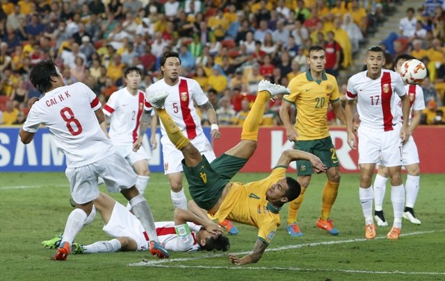 acrobatic effort tim cahill opened the deadlock against china with a bicycle kick in the second half photo retuers