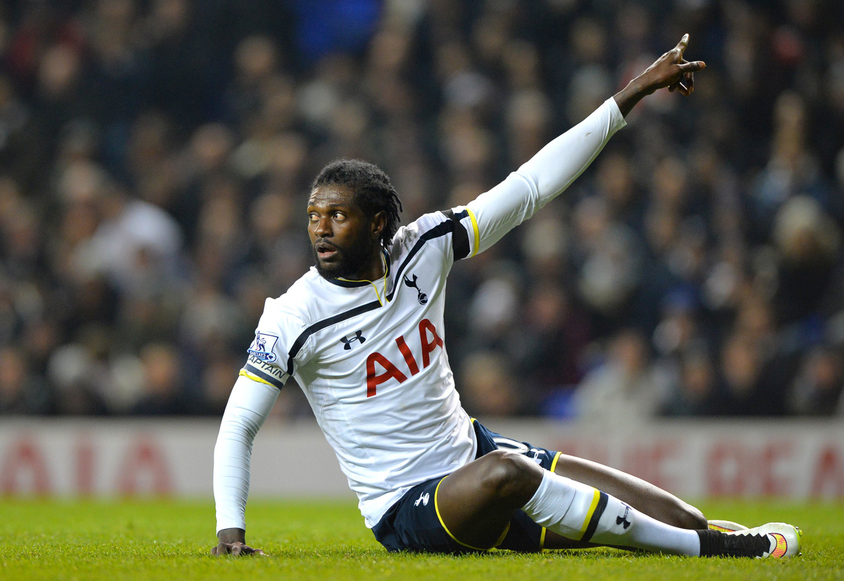 tottenham hotspur 039 s togolese striker emmanuel adebayor gestures for a corner during the english league cup semi final first leg football match between tottenham hotspur and sheffield united at white hart lane in london on january 21 2015 photo afp