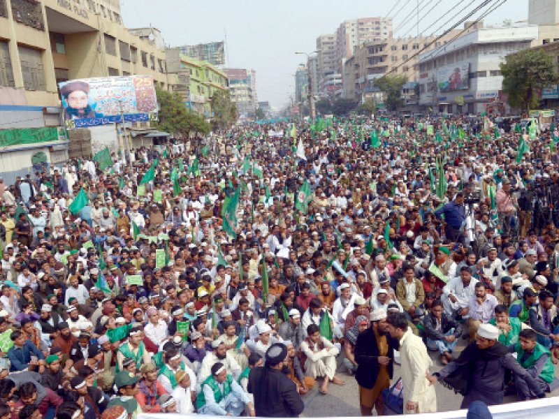 thousands of protesters under the banner of sunni tehreek and various other ahle sunnat groups marched down ma jinnah road till tibet centre to register their protest against the controversial caricatures published in the french satirical weekly charlie hebdo photo afp