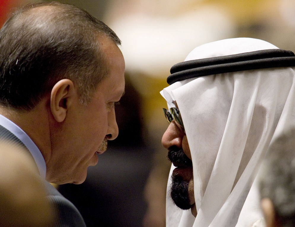 a picture dated on november 13 2008 shows at the time turkish prime minister recep tayyip erdogan l speaking to saudi king abdullah bin abdul aziz at the culture of peace conference at the united nations in new york photo afp