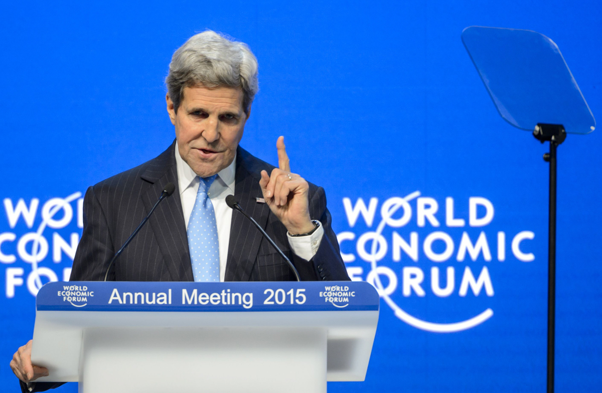 us secretary of state john kerry gestures on january 23 2015 during a speech at the world economic forum wef annual meeting in davos photo afp