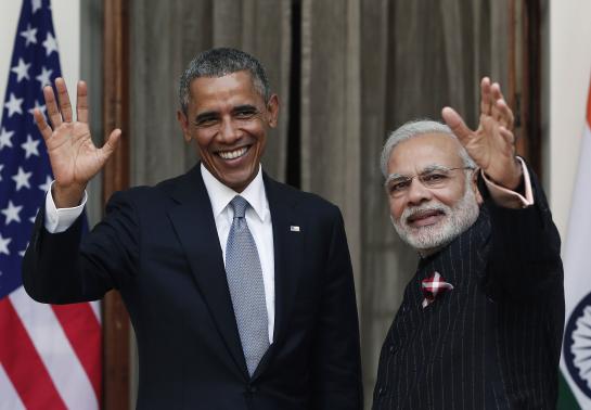 us president obama and india 039 s pm modi wave towards the media during a photo opportunity ahead of their meeting at hyderabad house in new delhi photo reuters
