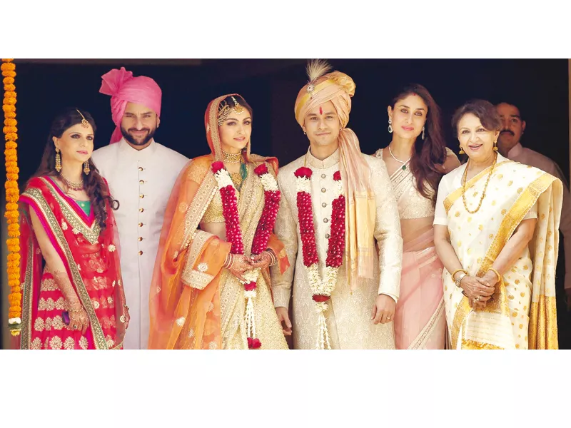 accompanying the newlyweds were sharmila tagore saif ali khan with wife kareeena kapoor khan and soha s elder sister saba photo publicity accompanying the newlyweds were sharmila tagore saif ali khan with wife kareeena kapoor khan and soha s elder sister saba photo publicity