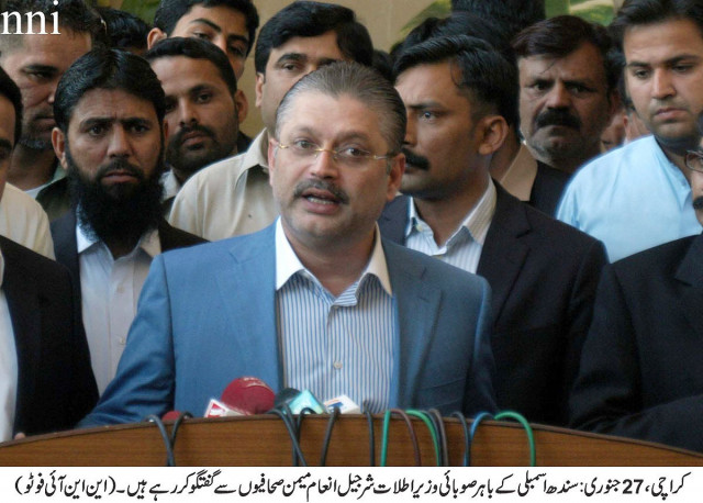 sharjeel memon speaking to the journalists today outside sindh assembly photo nni sharjeel memon speaking to the journalists today outside sindh assembly photo nni