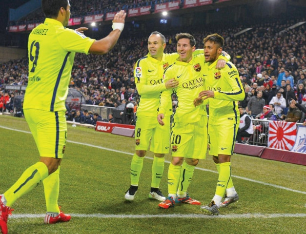 the blaugrana celebrate neymar s second goal on the night which virtually ended the tie as a contest and left atletico needing three more goals to progress photo afp