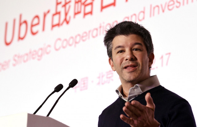 this file photo taken on december 17 2014 shows uber ceo travis kalanick speaking at a ceremony at the baidu headquarters in beijing photo afp
