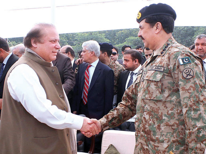 prime minister nawaz sharif shakes hands with army chief general raheel sharif at the passing out of the first batch of punjab s counter terrorism force photo app