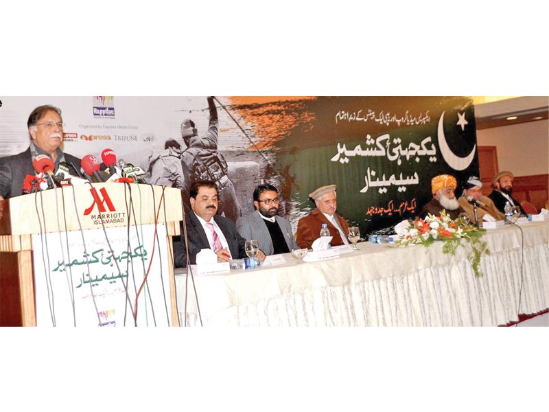 information minister senator pervaiz rashid speaks at a seminar organized by the express media group in collaboration with happilac paints in connection with the kashmir solidarity day photo inp