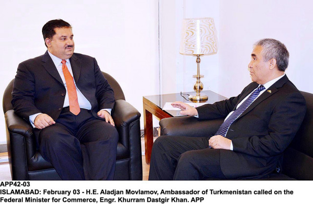 federal minister of commerce khurram dastgir khan in a meeting with turkmenistan ambassador aladjan movlamov in islamabad on tuesday photo app