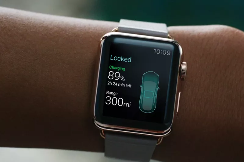 the prototype app shows how a user might be able to control some of the basic functions of a tesla model s from the touchscreen of the apple watch photo eleks the prototype app shows how a user might be able to control some of the basic functions of a tesla model s from the touchscreen of the apple watch photo eleks