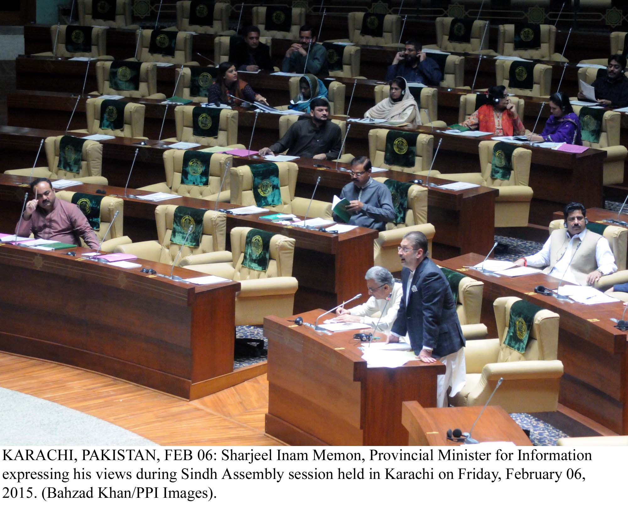sindh information minister sharjeel inam memon speaks during the assembly session on friday photo ppi