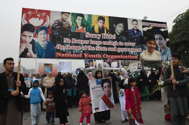 relatives of schoolchildren killed in taliban attack on army public school aps protest against delays in the investigation in peshawar on february 7 2015 photo afp relatives of schoolchildren killed in taliban attack on army public school aps protest against delays in the investigation in peshawar on february 7 2015 photo afp