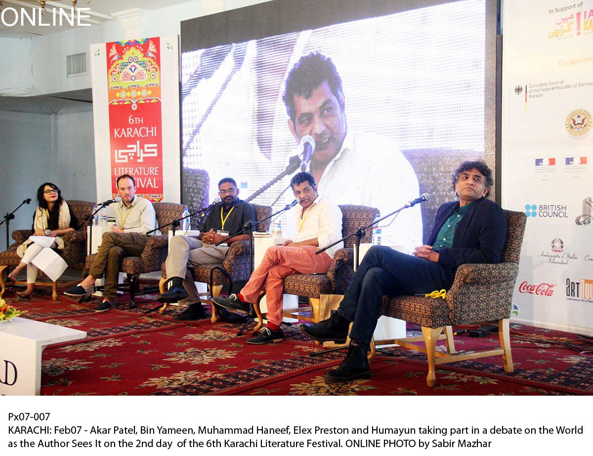 akar patel bin yameen muhammad haneef elex preston and humayun taking part in a debate on the world as the author sees it on the 2nd day of the 6th karachi literature festival photo online