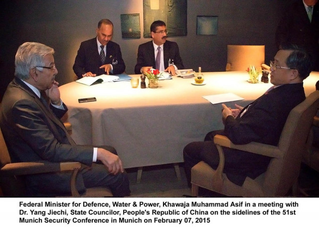 defence minister khawaja asif in a meeting with china 039 s state councilor dr yang jiechi on the sidelines of the munich security conference on saturday defence minister khawaja asif in a meeting with china 039 s state councilor dr yang jiechi on the sidelines of the munich security conference on saturday