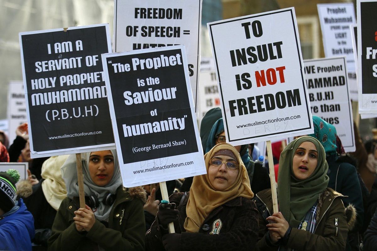 muslim demonstrators protest near downing street in central london on february 8 2015 photo afp