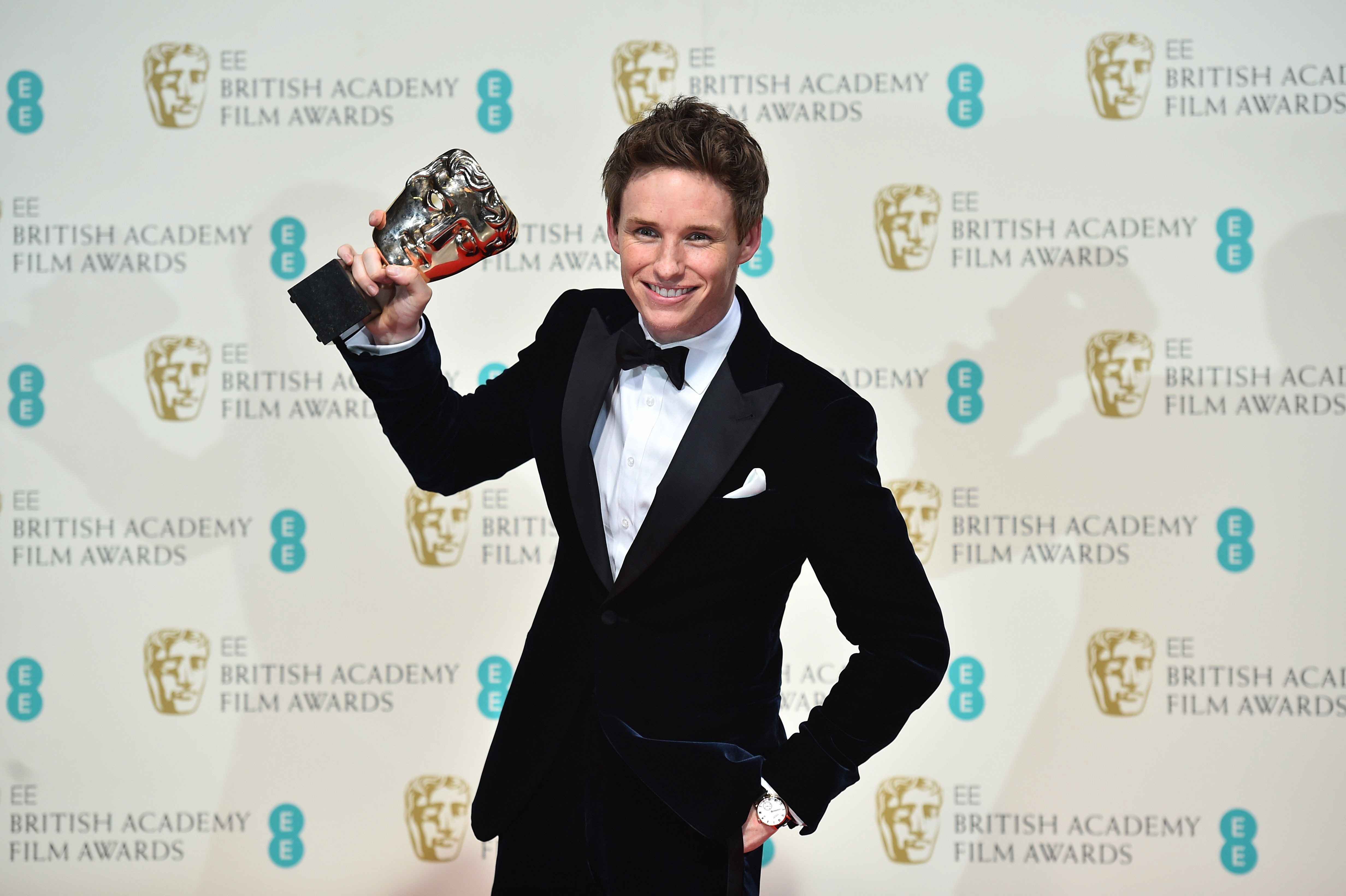 british actor eddie redmayne poses with the award for a leading actor for his work on the film quot the theory of everything quot at the bafta british academy film awards at the royal opera house in london on february 8 2015 photo afp