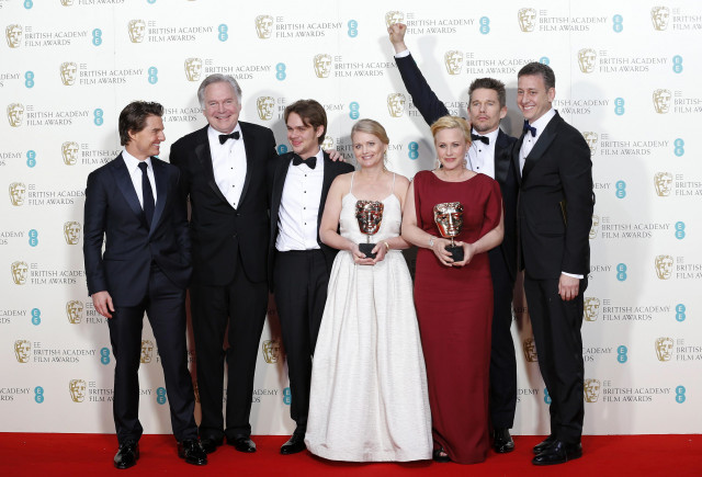 presenter tom cruise l celebrates with 2nd l r jonathan sehring ellar coltrane cathleen sutherland patricia arquette ethan hawke and john sloss after they won the best film award for quot boyhood quot at the british academy of film and arts bafta awards ceremony at the royal opera house in london february 8 2015 photo reuters presenter tom cruise l celebrates with 2nd l r jonathan sehring ellar coltrane cathleen sutherland patricia arquette ethan hawke and john sloss after they won the best film award for quot boyhood quot at the british academy of film and arts bafta awards ceremony at the royal opera house in london february 8 2015 photo reuters