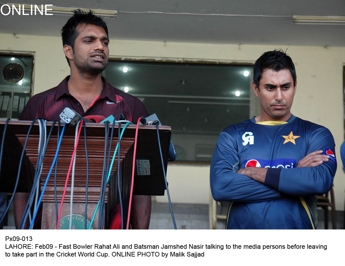 rahat ali ad jamshed nasir talking to the media persons before leaving to take part in the cricket world cup photo online