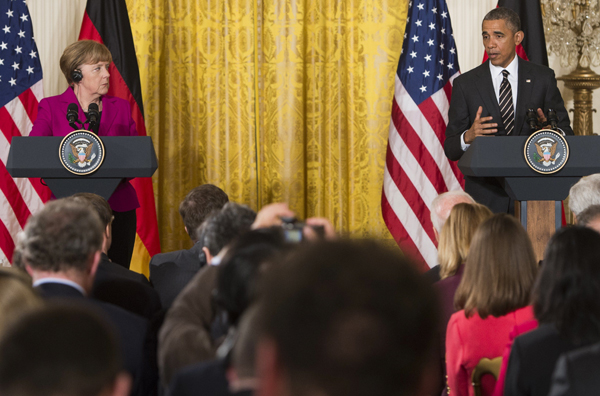 us president barack obama and german chancellor angela merkel hold a joint press conference in the east room of the white house in washington dc february 9 2015 photo afp