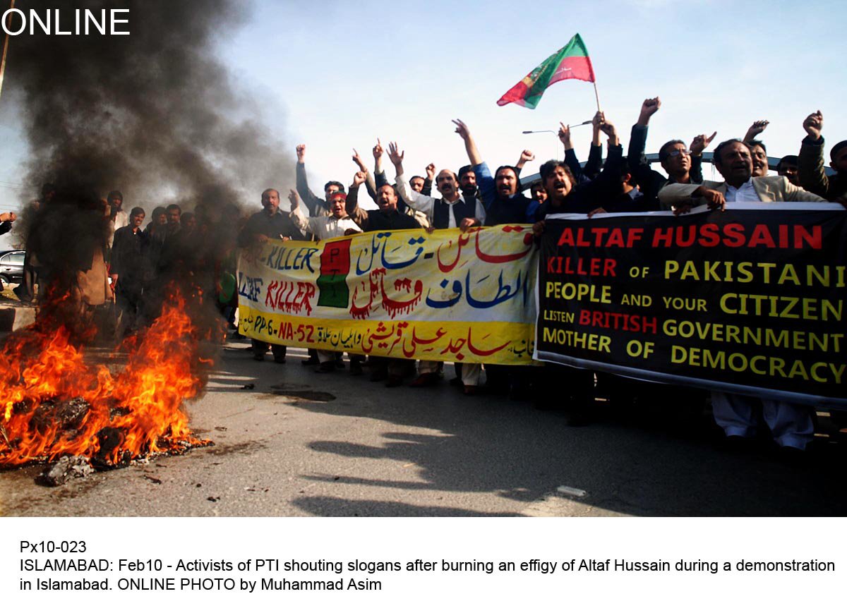activists of pti shouting slogans after burning an effigy of altaf hussain during a demonstration in islamabad photo online