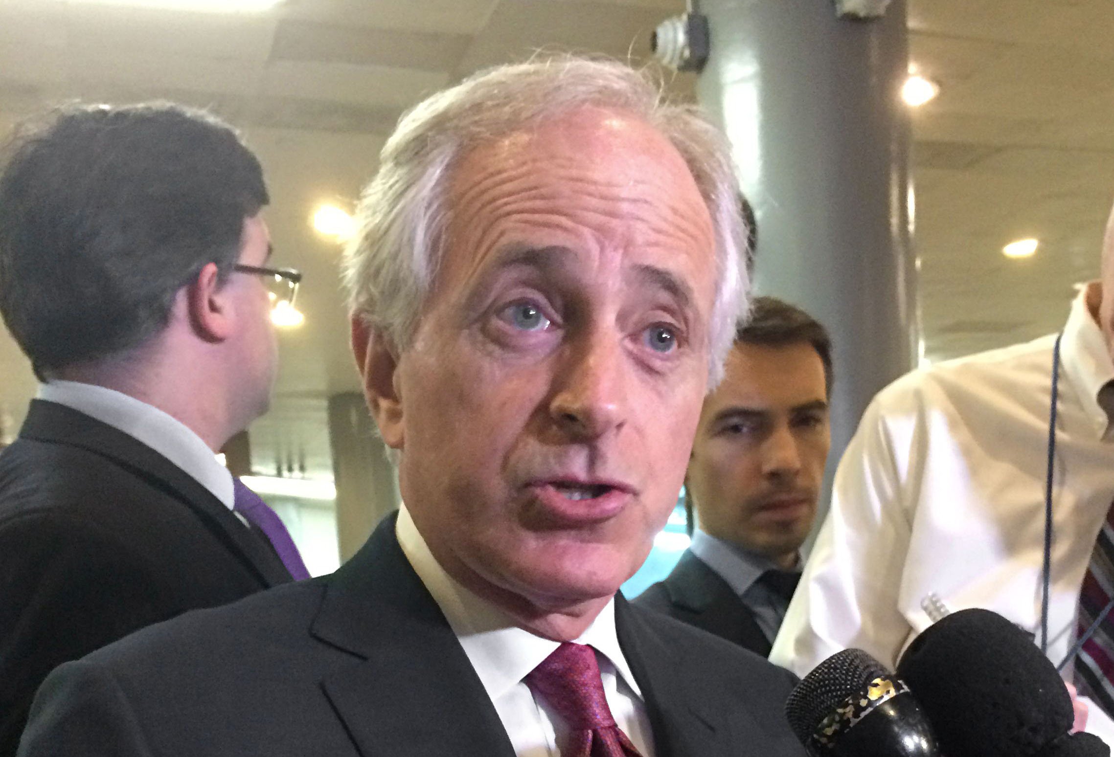 senate foreign relations committee chairman bob corker speaks to reporters february 10 2015 on capitol hill in washington dc photo afp