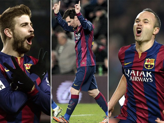 the goal scorers pique messi and iniesta celebrate after scoring their goals photos afp the goal scorers pique messi and iniesta celebrate after scoring their goals photos afp