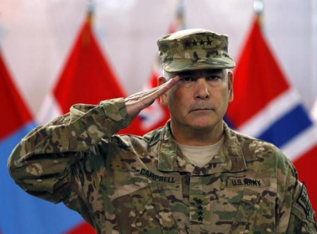 u s general john campbell commander of nato led international security assistance force isaf salutes during the change of mission ceremony in kabul december 28 2014 photo reuters