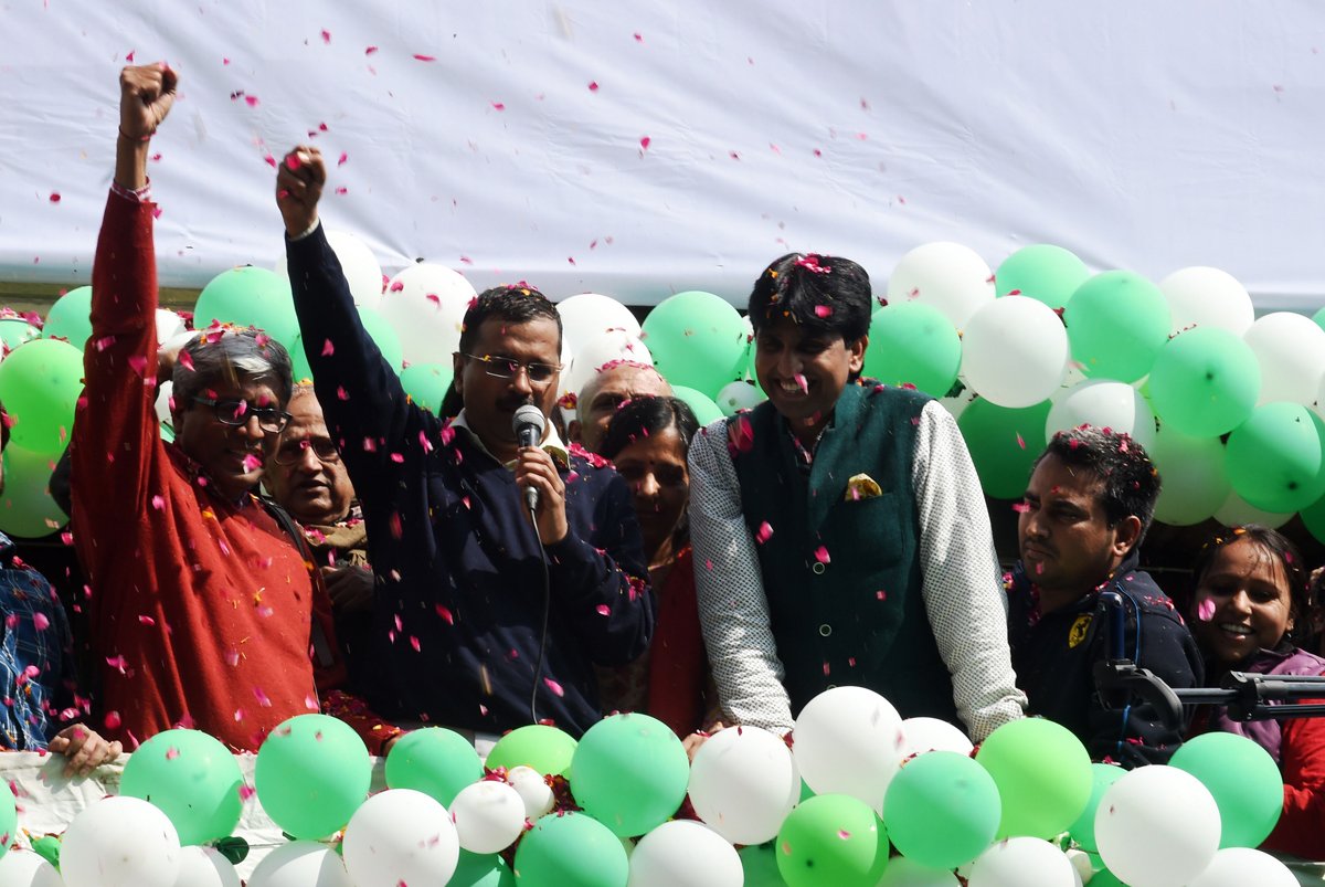 indian aam aadmi party aap leader arvind kejriwal gestures as he speaks to supporters following his victory in the state assembly elections outside the party 039 s headquarters in new delhi on february 10 2015 indian prime minister narendra modi conceded defeat on february 10 in the delhi state elections as early results showed anti corruption campaigner arvind kejriwal 039 s party set for a landslide victory photo afp