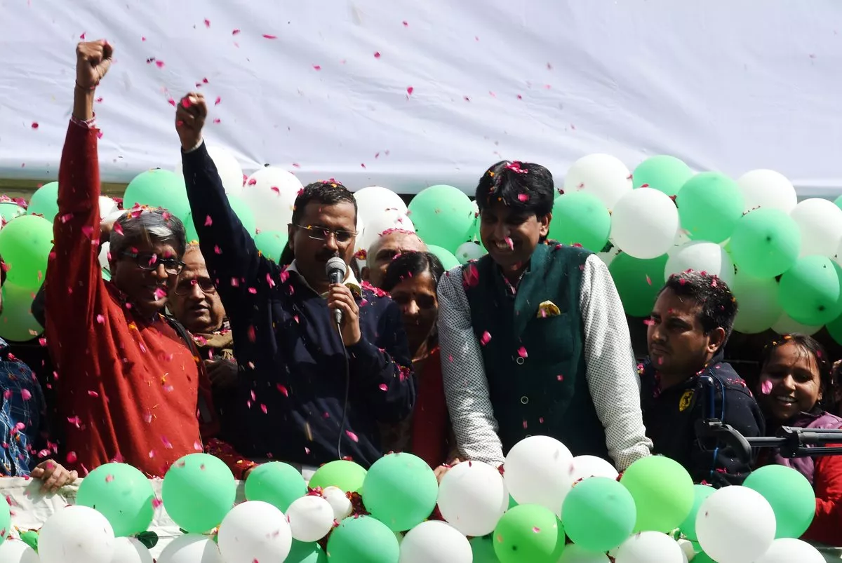 indian aam aadmi party aap leader arvind kejriwal gestures as he speaks to supporters following his victory in the state assembly elections outside the party 039 s headquarters in new delhi on february 10 2015 indian prime minister narendra modi conceded defeat on february 10 in the delhi state elections as early results showed anti corruption campaigner arvind kejriwal 039 s party set for a landslide victory photo afp indian aam aadmi party aap leader arvind kejriwal gestures as he speaks to supporters following his victory in the state assembly elections outside the party 039 s headquarters in new delhi on february 10 2015 indian prime minister narendra modi conceded defeat on february 10 in the delhi state elections as early results showed anti corruption campaigner arvind kejriwal 039 s party set for a landslide victory photo afp