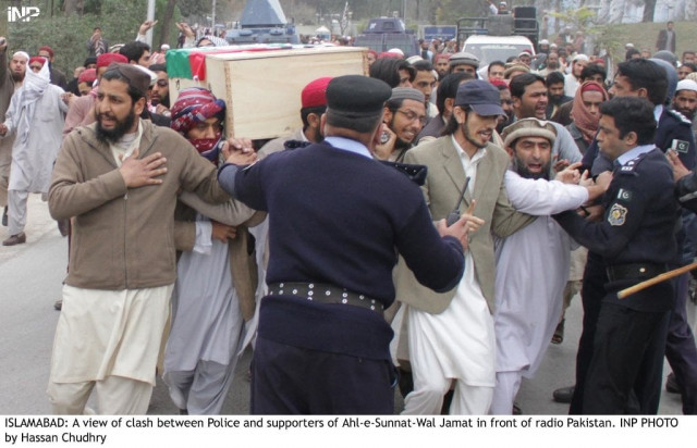 a view of clash between police and supporters of ahl e sunnat wal jamat in front of radio pakistan photo inp a view of clash between police and supporters of ahl e sunnat wal jamat in front of radio pakistan photo inp