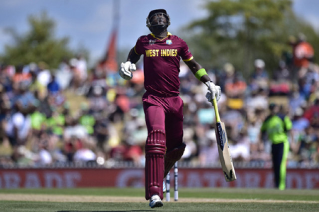west indies batsman darren sammy reacts after nearly being run out during the pool b 2015 cricket world cup match between ireland and the west indies at saxton park oval in nelson on february 16 2015 photo afp west indies batsman darren sammy reacts after nearly being run out during the pool b 2015 cricket world cup match between ireland and the west indies at saxton park oval in nelson on february 16 2015 photo afp