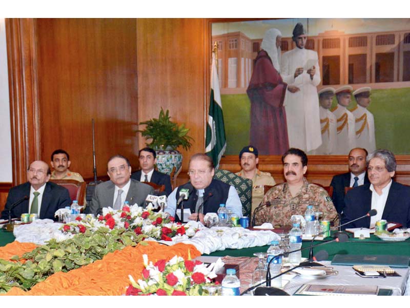 pm nawaz flanked by gen raheel asif zaradri and top sindh govt officials photo app