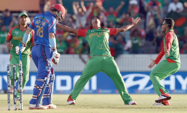 rubel hossain exults after dismissing afsar as afghanistan s batting collapsed early to virtually end the chase in the third over photo afp rubel hossain exults after dismissing afsar as afghanistan s batting collapsed early to virtually end the chase in the third over photo afp
